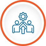 Two figures collaborating with a gear symbol.