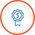 Dollar sign badge with orange border.