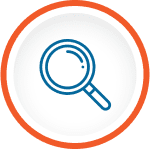 Magnifying glass icon with orange border.