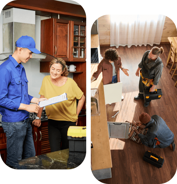 Kitchen repair workers assisting homeowners in kitchen.