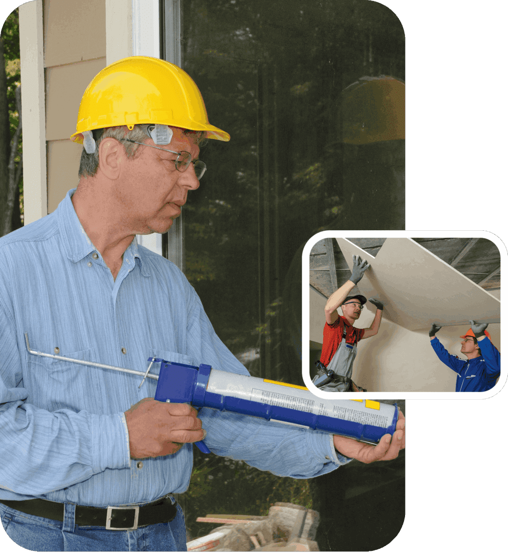 Worker using caulking gun and drywall installation.