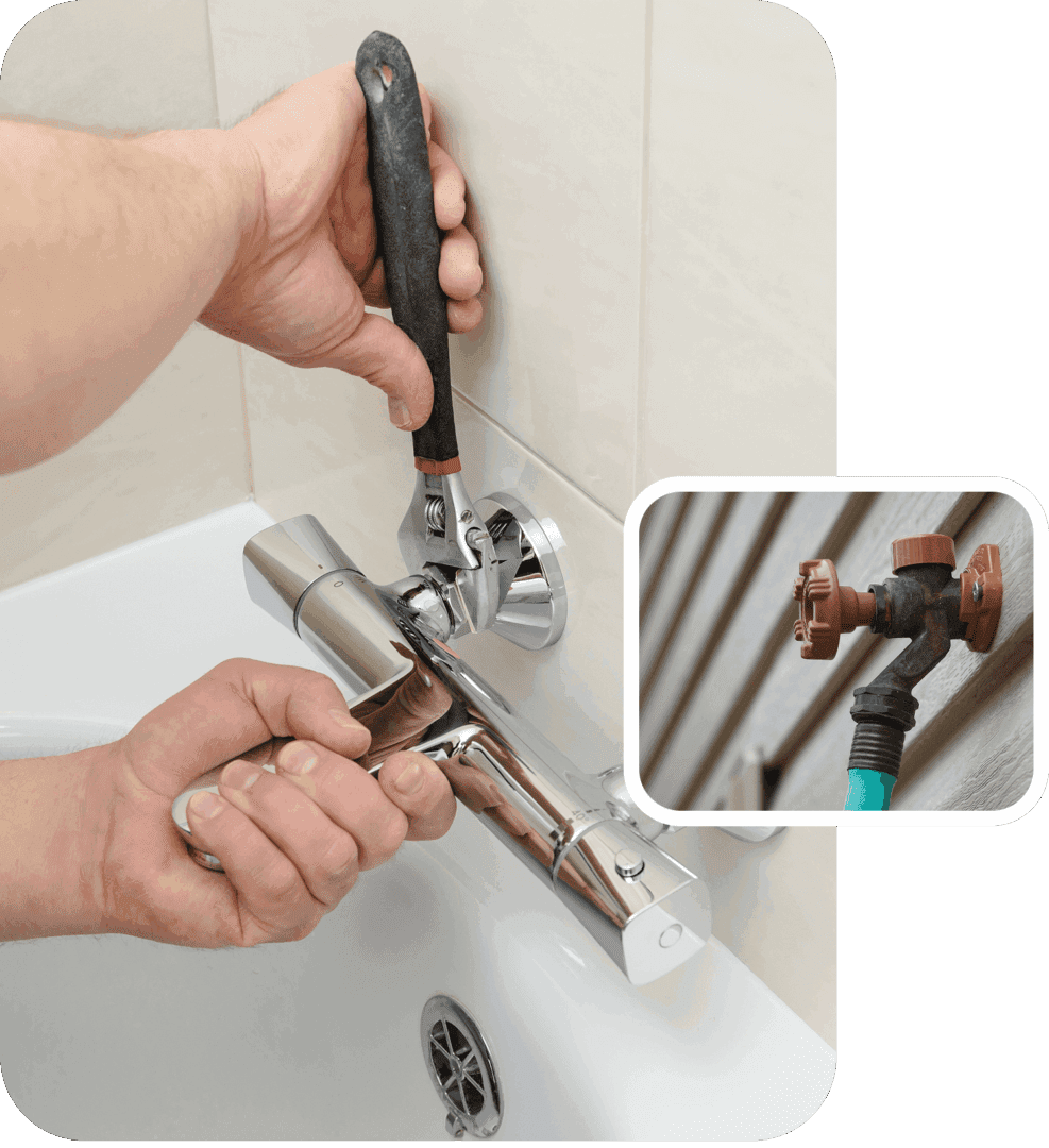Plumber fixing faucet with wrench, close-up.