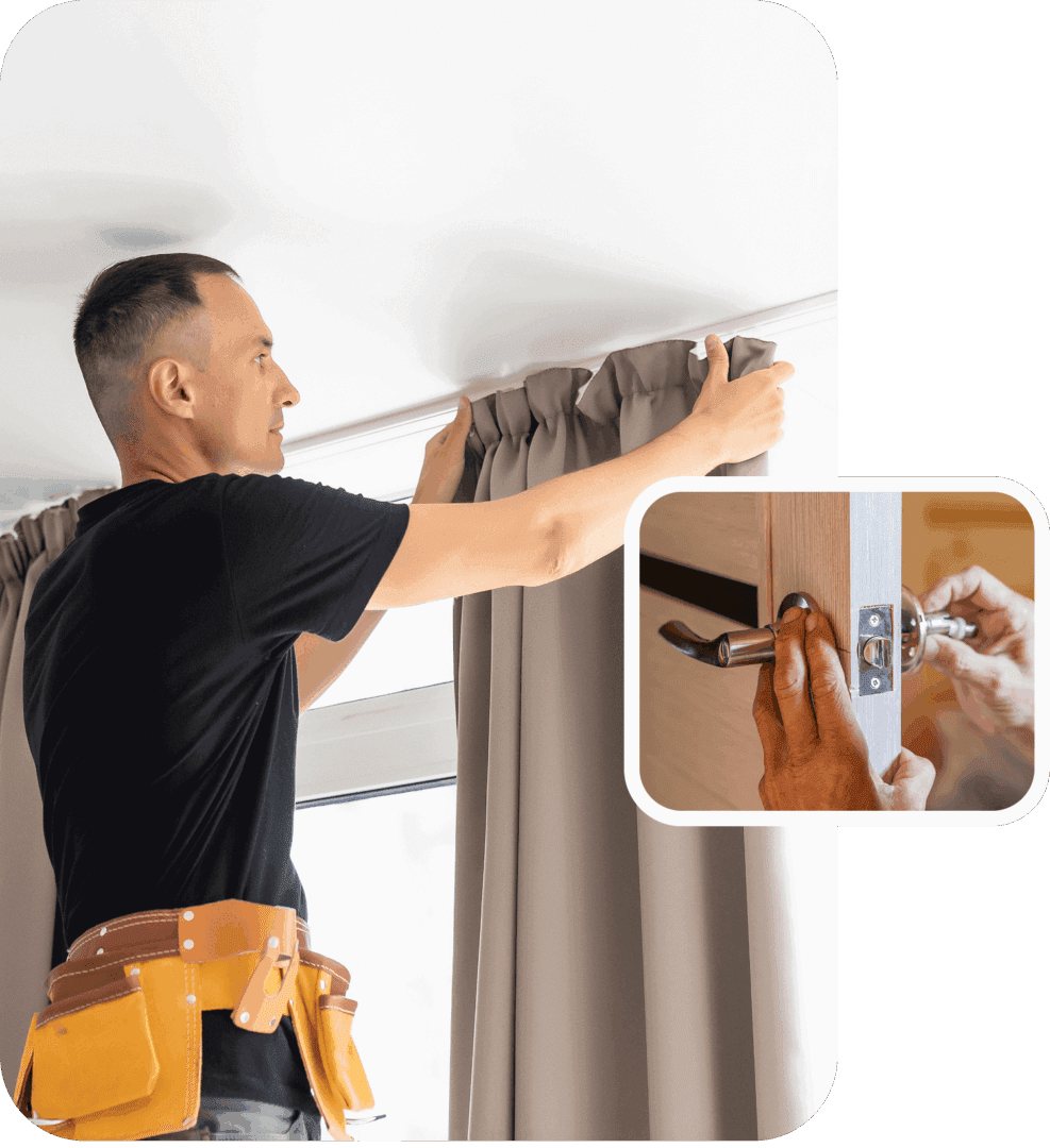 Man installing curtains and door handle close-up.