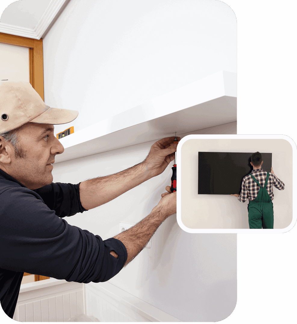 Man installing wall shelf and small painting.