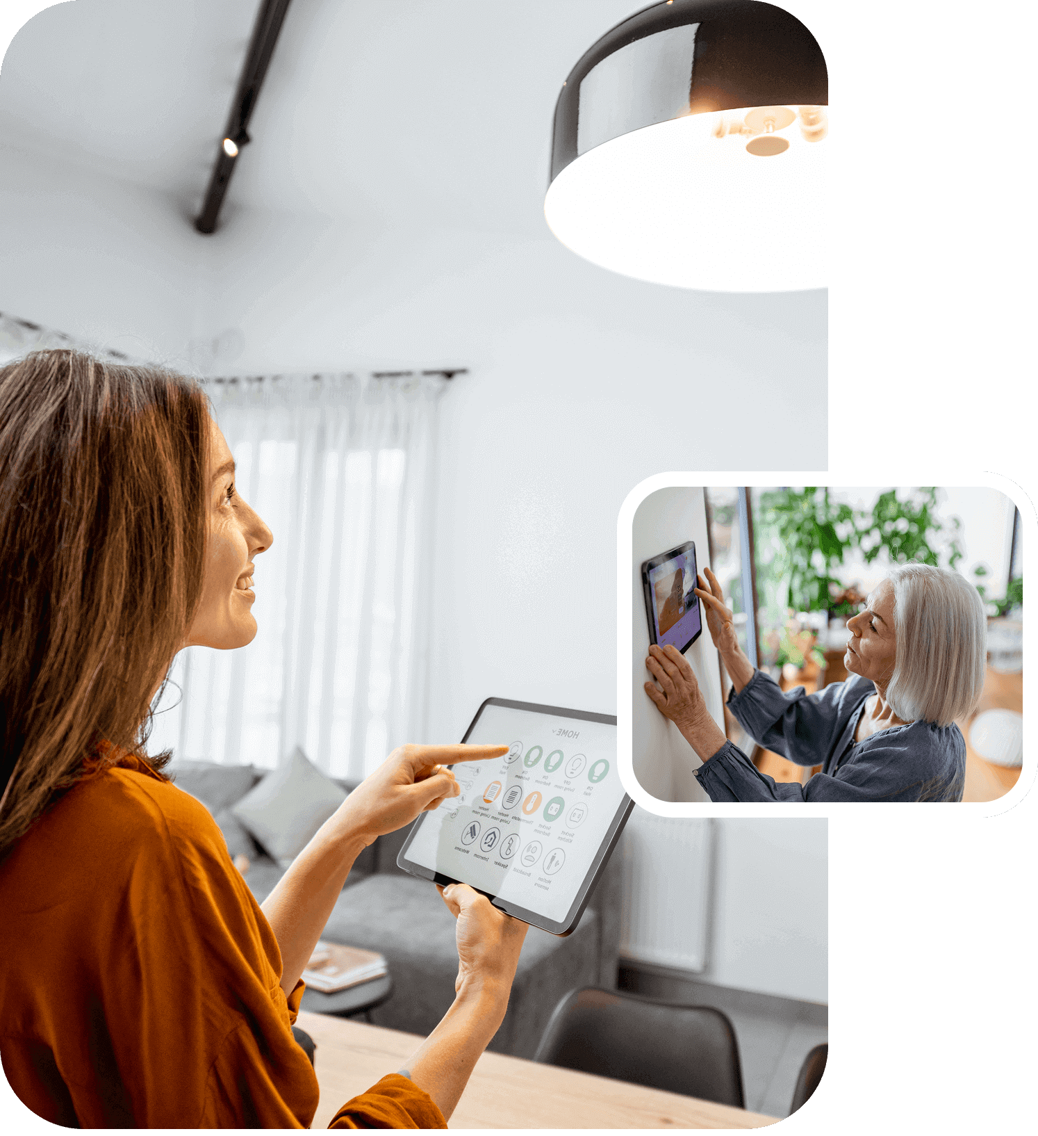 Women using smart home control devices.